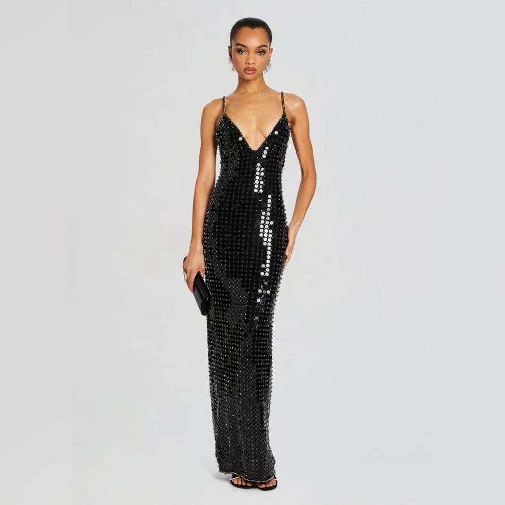 NWT $1,498 RETROFETE PERRI EMBELLISHED Crystal Sequin Sleeveless Maxi Gown M